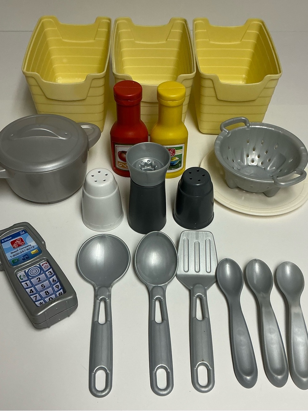 Step2 Play Kitchen Parts Lot Bins Ketchup Mustard Salt & Pepper Utensils Step 2
